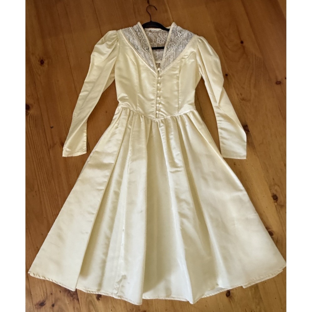 VTG 70s Gunne Sax By Jessica Wedding Dress Prairie Satin Lace Ivory Yellow Sz 11